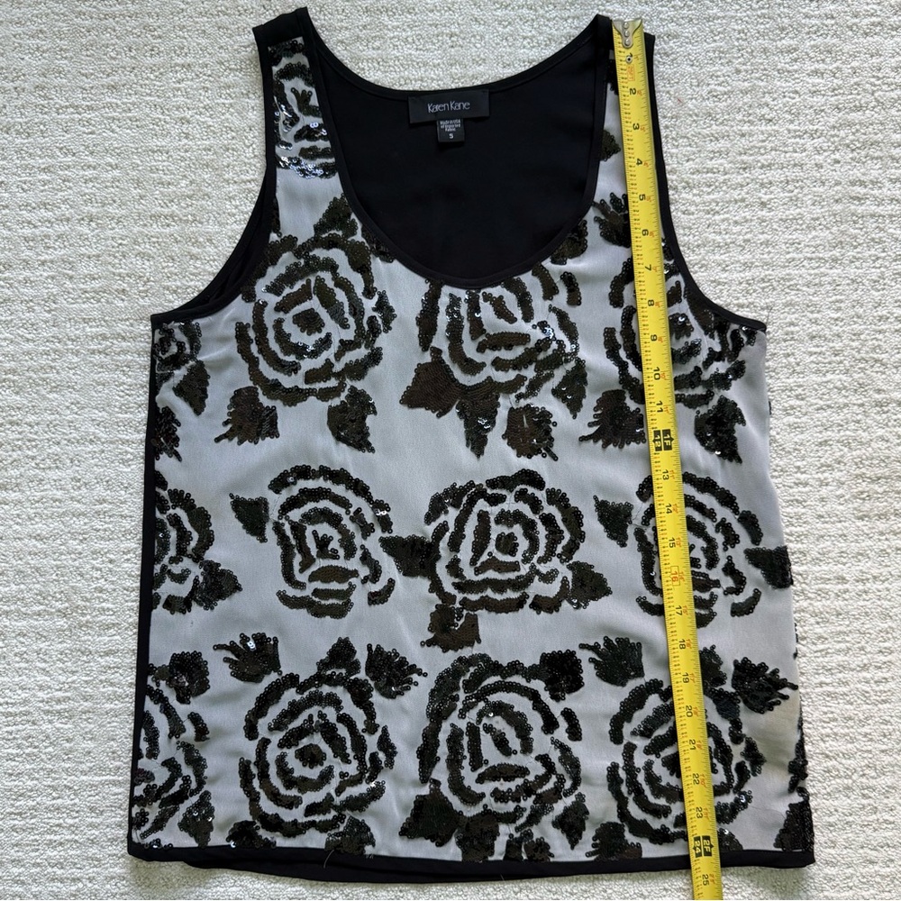 KAREN KANE | Black & White Sequined Floral Sleeveless Tank Top Sz S - Picture 3 of 6